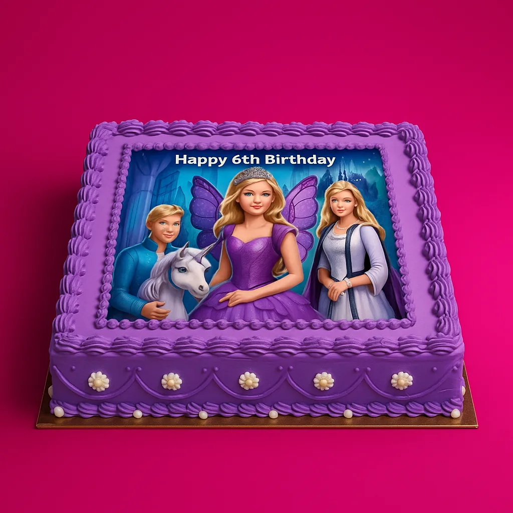 Purple Barbie Edible Image Cake - TF Cakes Online Delivery Freshly baked handcrafted Purple Barbie Edible Image Cake – Cake design by TF Cakes