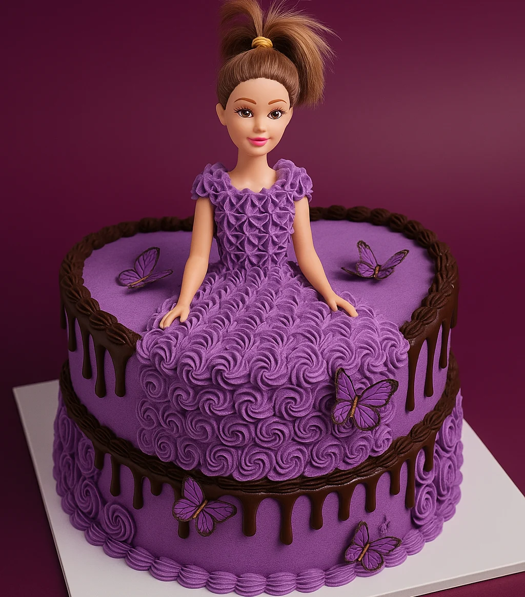 Purple Butterfly Barbie Cake - TF Cakes Online Delivery Freshly baked handcrafted Purple Butterfly Barbie Cake – Cake design by TF Cakes