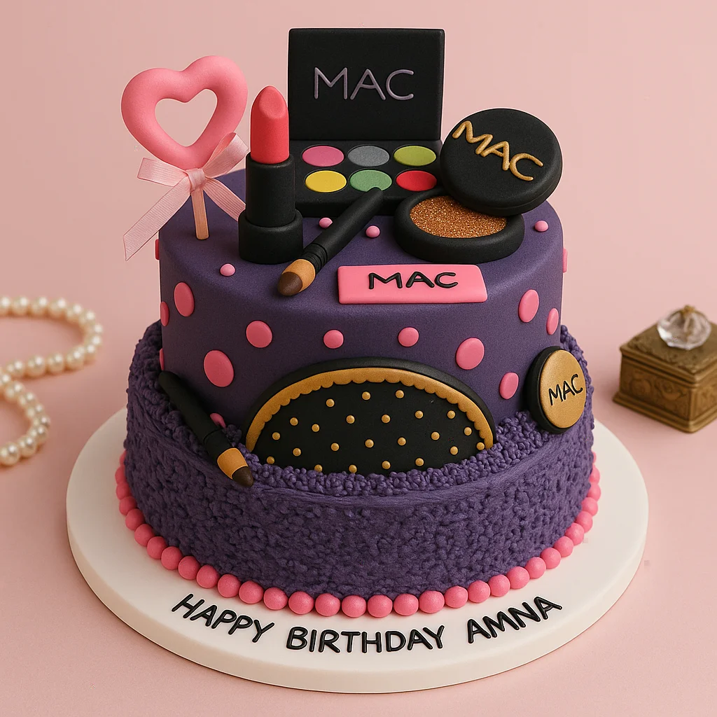 Purple Pink MAC Two Tier Makeup Cake - TF Cakes Online Delivery Freshly baked handcrafted Purple Pink MAC Two Tier Makeup Cake – Cake design by TF Cakes