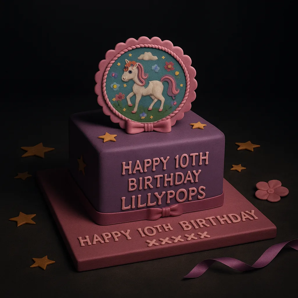 Freshly baked handcrafted Purple and Pink Unicorn Cake – Cake design by TF Cakes