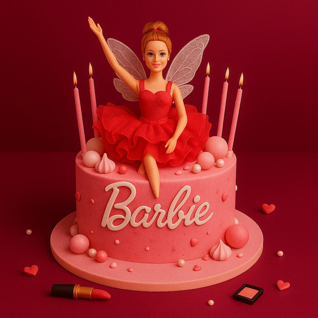 Red Fairy Barbie Theme Cake - TF Cakes Online Delivery Freshly baked handcrafted Red Fairy Barbie Theme Cake – Cake design by TF Cakes