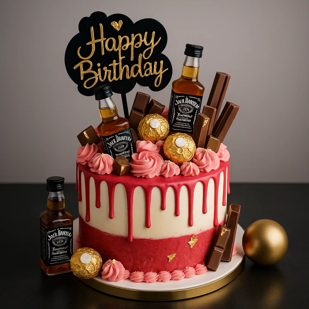 Red and Gold Birthday Cake - TF Cakes Online Delivery Freshly baked handcrafted Red and Gold Birthday Cake – Cake design by TF Cakes
