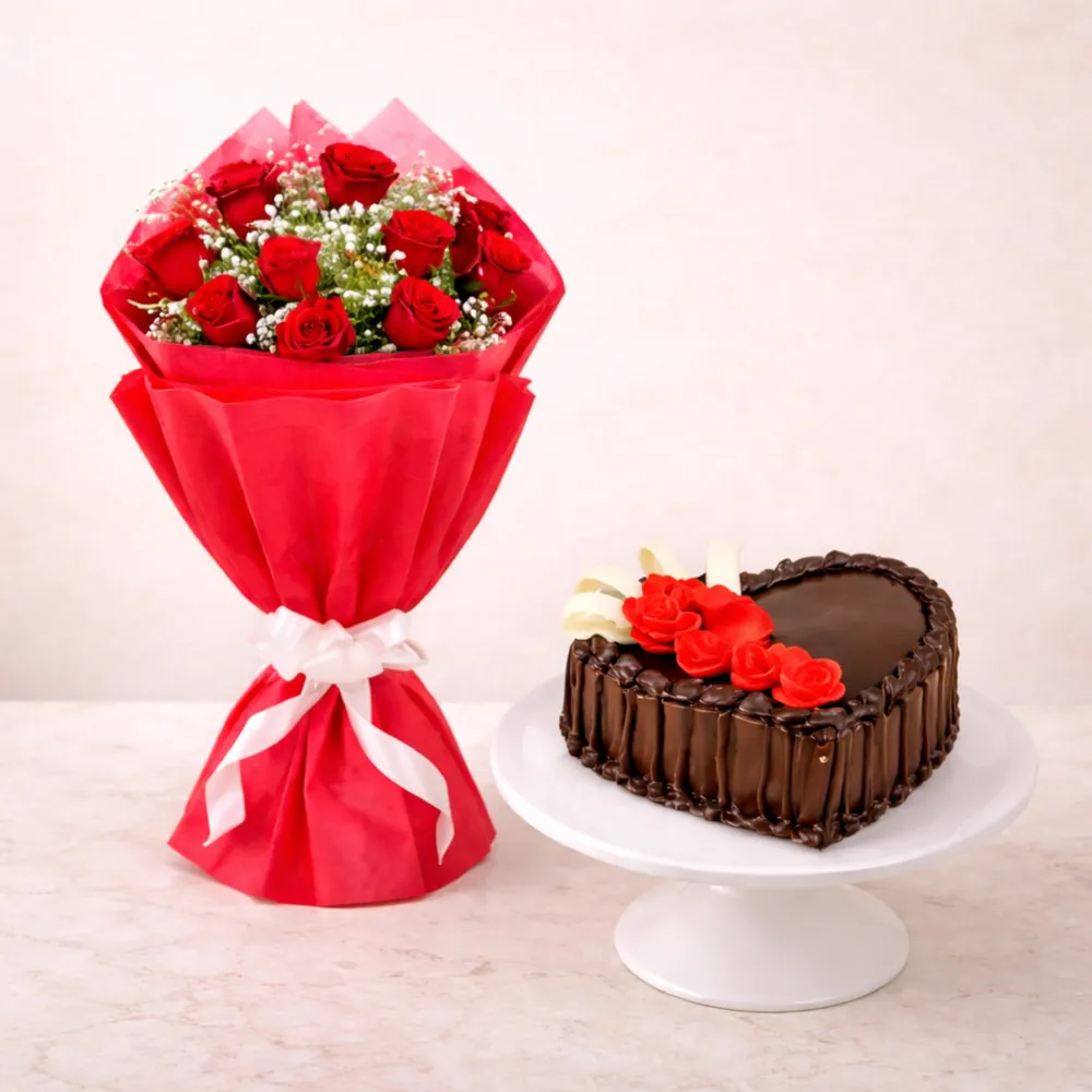 Freshly baked handcrafted Romantic Heart Chocolate Cake with Red Rose Bouquet – Cake design by TF Cakes