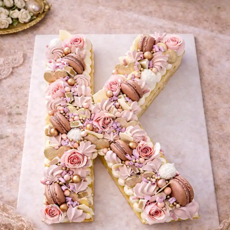 Rose Gold Letter K Cake - TF Cakes Online Delivery Freshly baked handcrafted Rose Gold Letter K Cake – Cake design by TF Cakes