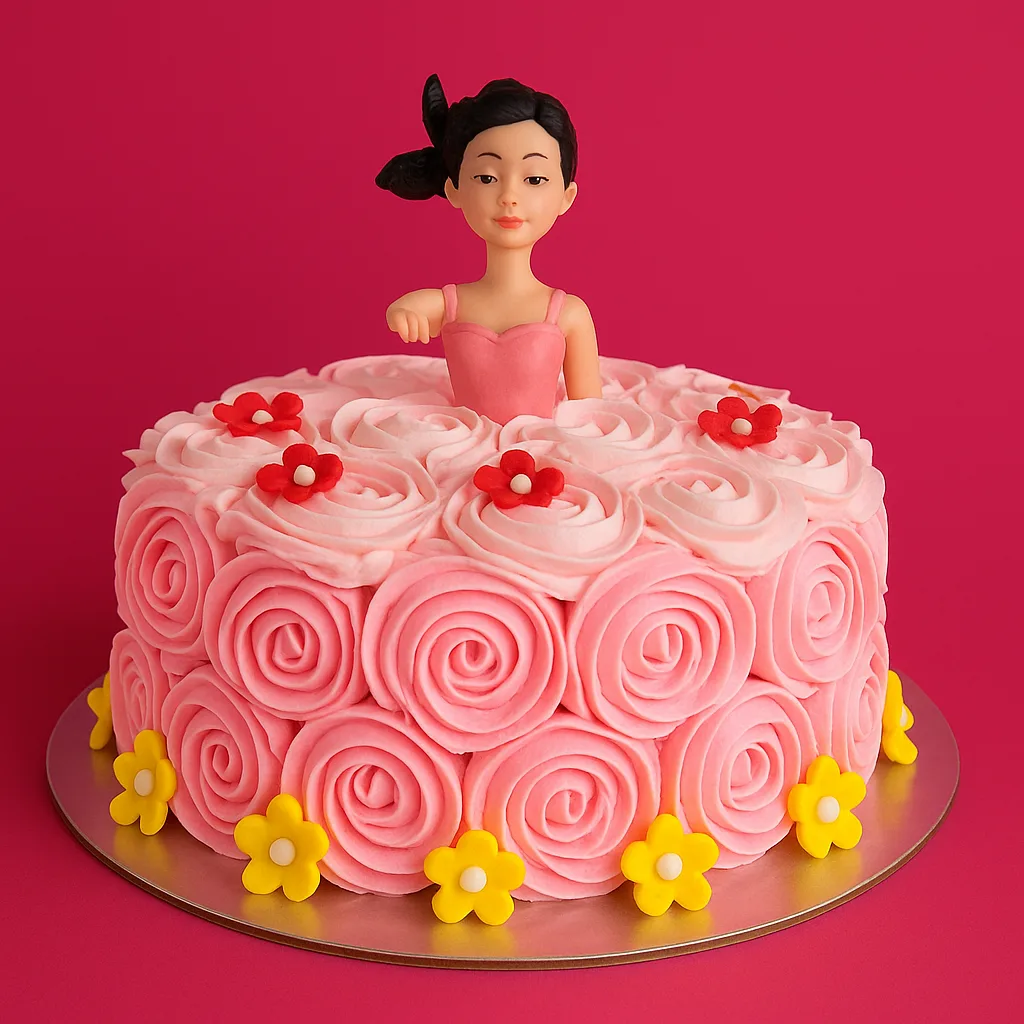 Rosette Doll Cake Red Yellow - TF Cakes Online Delivery Freshly baked handcrafted Rosette Doll Cake Red Yellow – Cake design by TF Cakes