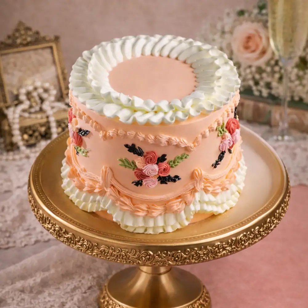 Freshly baked handcrafted Royal Peach Vintage Cake – Cake design by TF Cakes