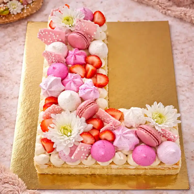 Strawberry Floral Letter L Cake - TF Cakes Online Delivery Freshly baked handcrafted Strawberry Floral Letter L Cake – Cake design by TF Cakes