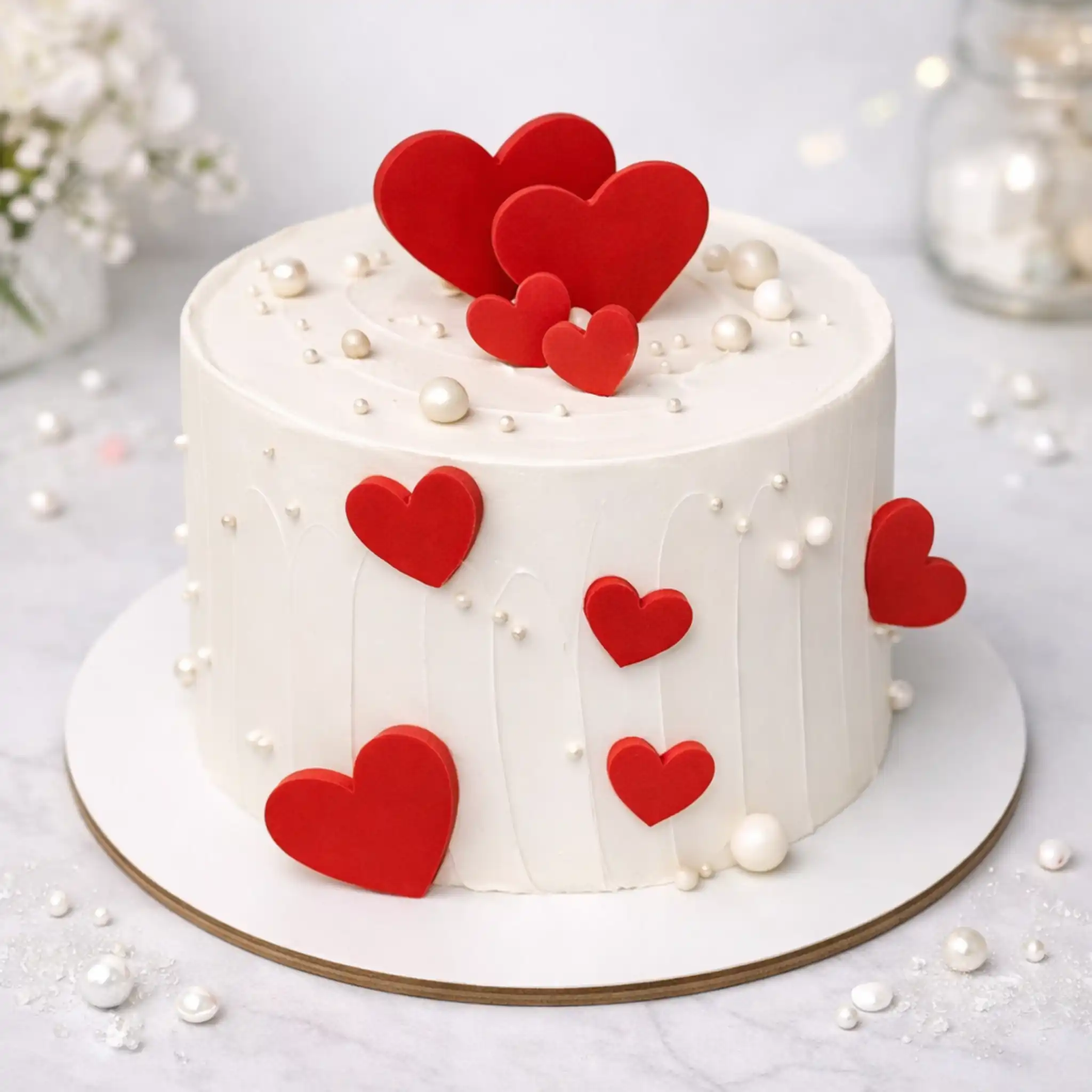 Elegant Hearts & Pearls Valentine Cake - TF Cakes Online Delivery Freshly baked handcrafted Elegant Hearts & Pearls Valentine Cake – Cake design by TF Cakes