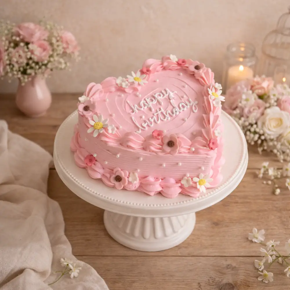 Floral Pink Heart Birthday Cake for Her - TF Cakes Online Delivery Freshly baked handcrafted Floral Pink Heart Birthday Cake for Her – Cake design by TF Cakes