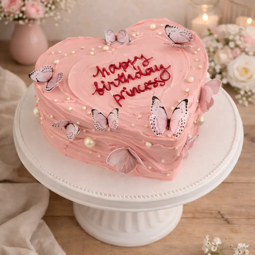 Butterfly Theme Pink Heart Birthday Cake - TF Cakes Online Delivery Freshly baked handcrafted Butterfly Theme Pink Heart Birthday Cake – Cake design by TF Cakes
