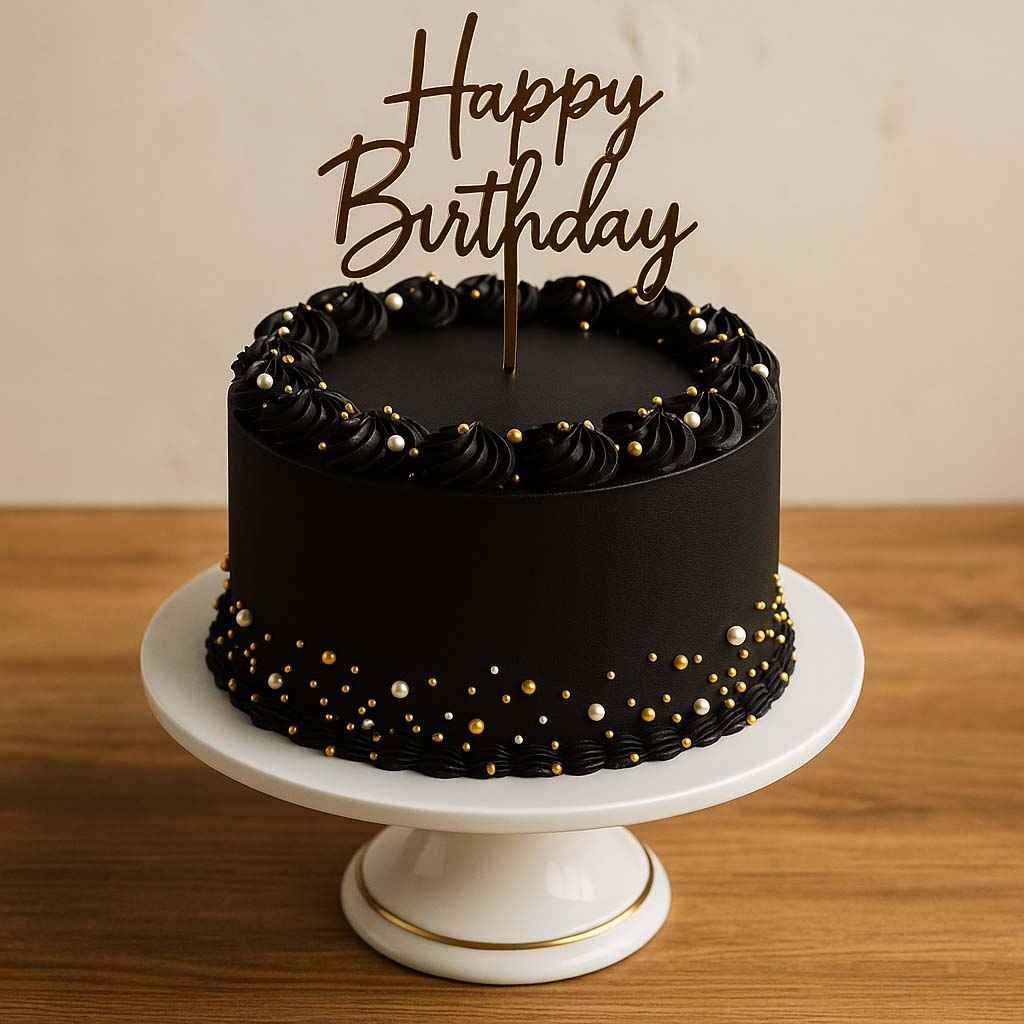 Elegant Black Birthday Cake - TF Cakes Online Delivery Freshly baked handcrafted Elegant Black Birthday Cake – Cake design by TF Cakes