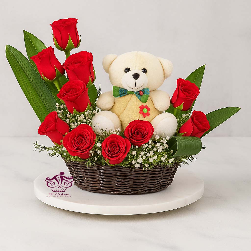 Freshly baked handcrafted Red Roses Basket with Teddy – Cake design by TF Cakes