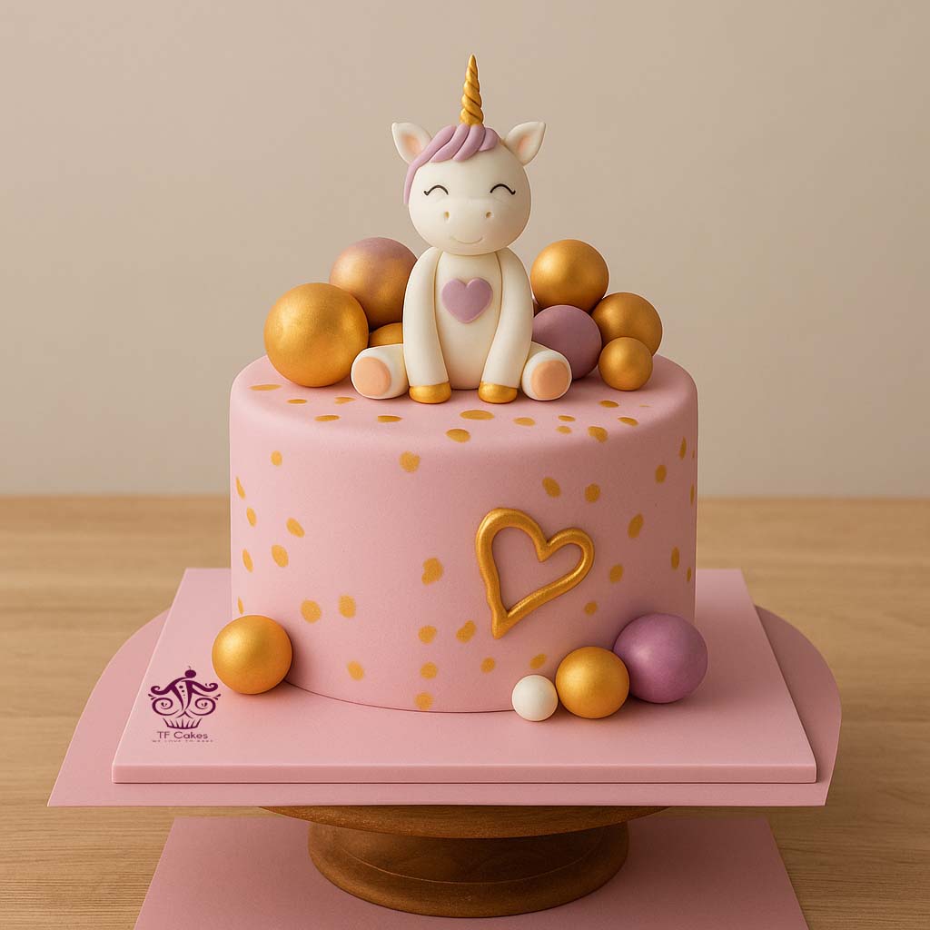 Golden Heart Pink Unicorn Cake - TF Cakes Online Delivery Freshly baked handcrafted Golden Heart Pink Unicorn Cake – Cake design by TF Cakes