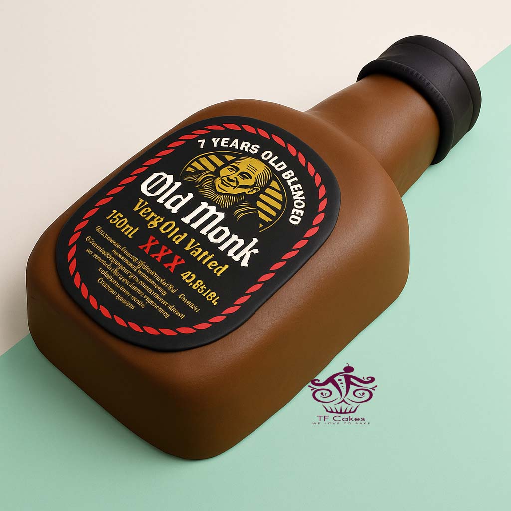 Old Monk Bottle Shape Cake - TF Cakes Online Delivery Freshly baked handcrafted Old Monk Bottle Shape Cake – Cake design by TF Cakes