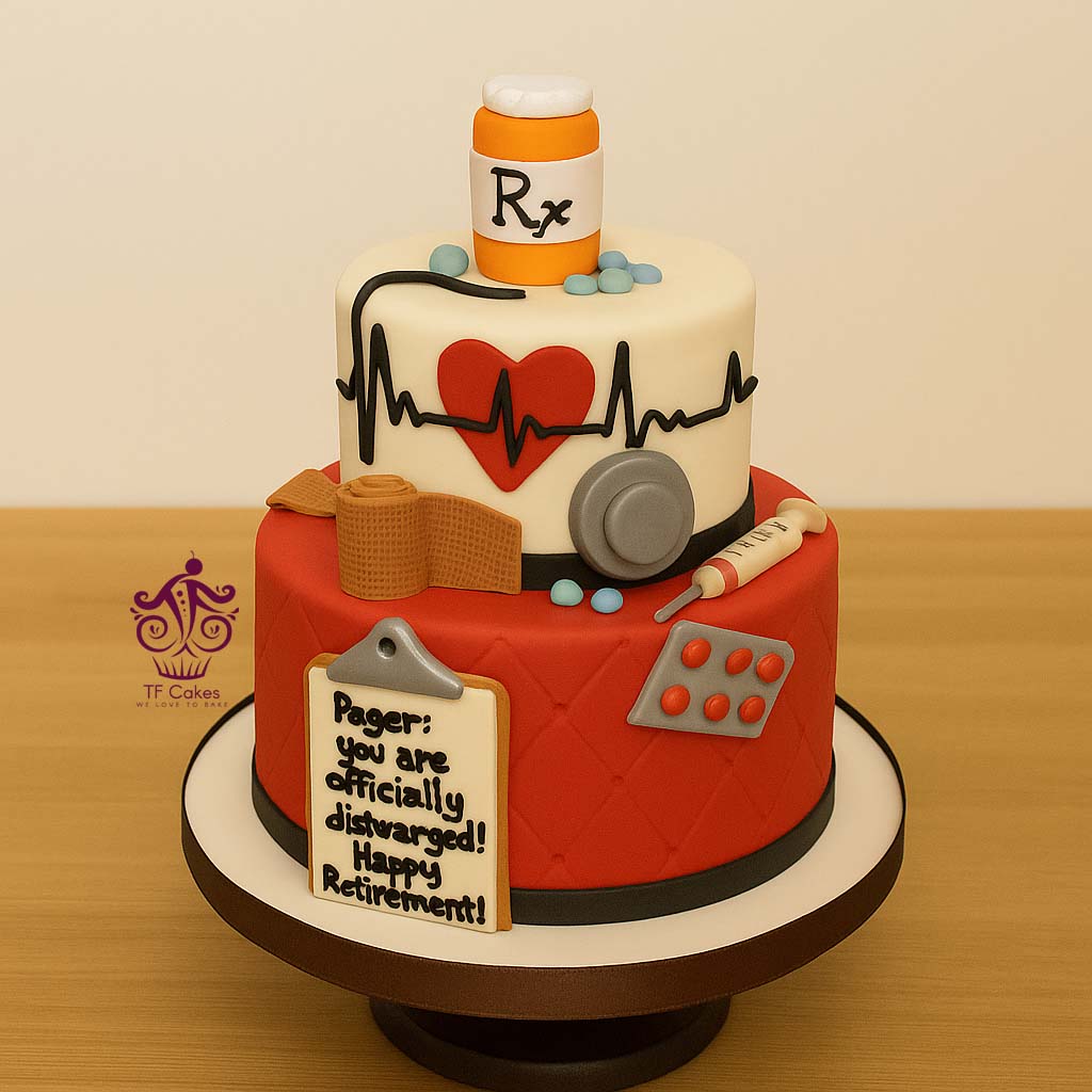 Doctor Retirement Theme Cake - TF Cakes Online Delivery Freshly baked handcrafted Doctor Retirement Theme Cake – Cake design by TF Cakes