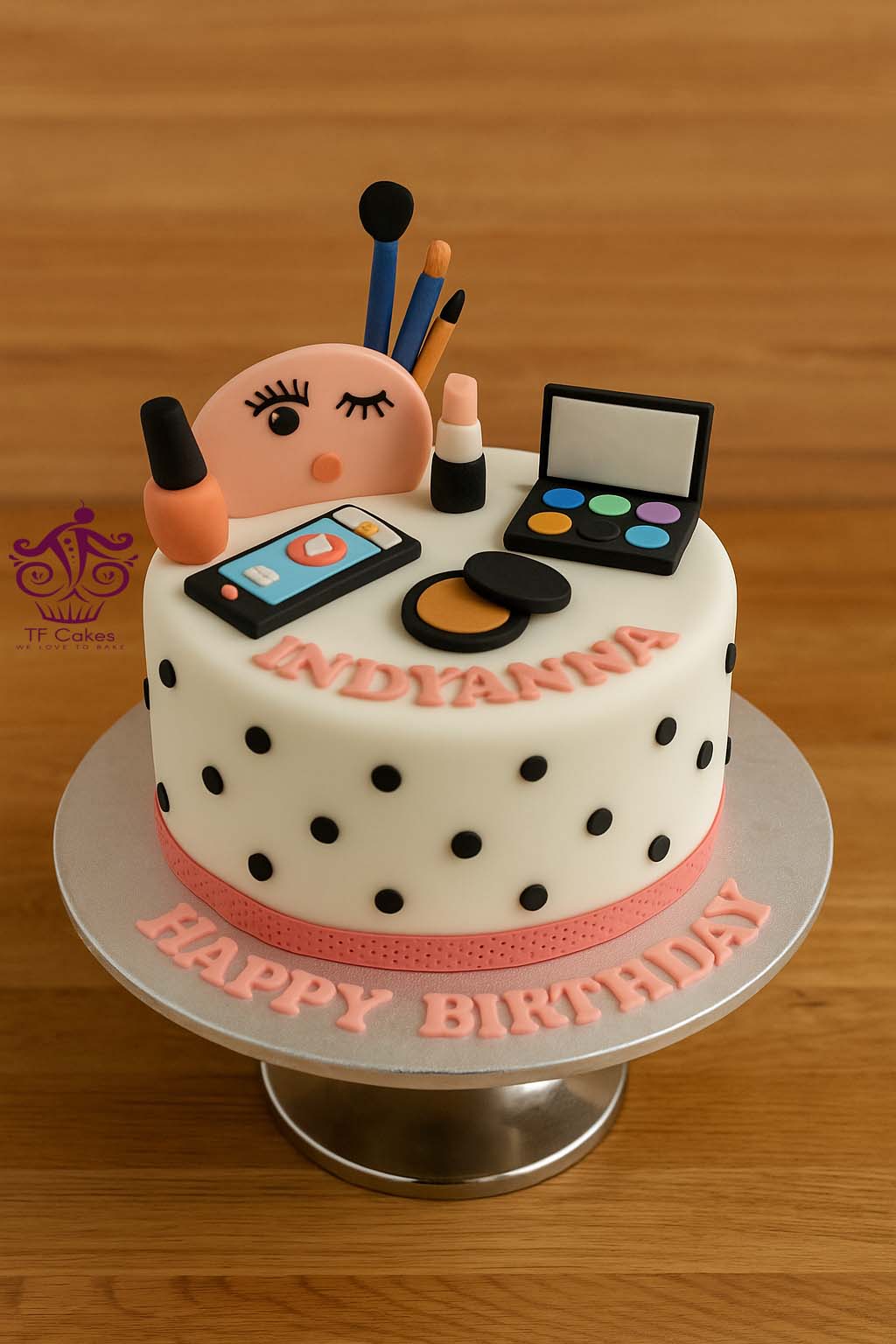 Polka Dot Makeup Face Cake - TF Cakes Online Delivery Freshly baked handcrafted Polka Dot Makeup Face Cake – Cake design by TF Cakes