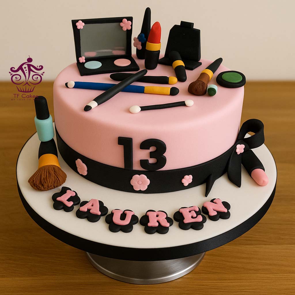 Makeup Theme Cake with Brushes & Lipstick - TF Cakes Online Delivery Freshly baked handcrafted Makeup Theme Cake with Brushes & Lipstick – Cake design by TF Cakes