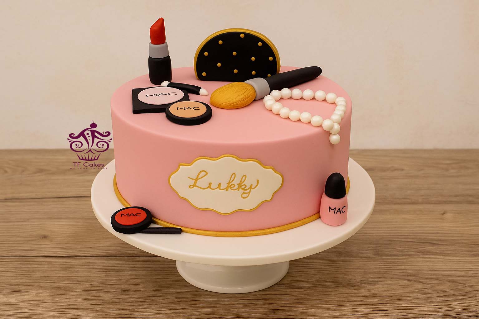 MAC Makeup Theme Cake with Pearls - TF Cakes Online Delivery Freshly baked handcrafted MAC Makeup Theme Cake with Pearls – Cake design by TF Cakes