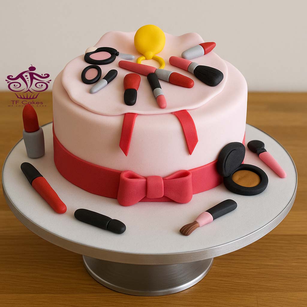 Red Lipstick and Bow Makeup Theme Cake - TF Cakes Online Delivery Freshly baked handcrafted Red Lipstick and Bow Makeup Theme Cake – Cake design by TF Cakes