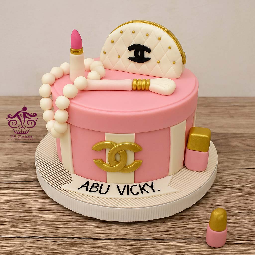 Chanel Theme Designer Cake with Lipstick & Pearls - TF Cakes Online Delivery Freshly baked handcrafted Chanel Theme Designer Cake with Lipstick & Pearls – Cake design by TF Cakes
