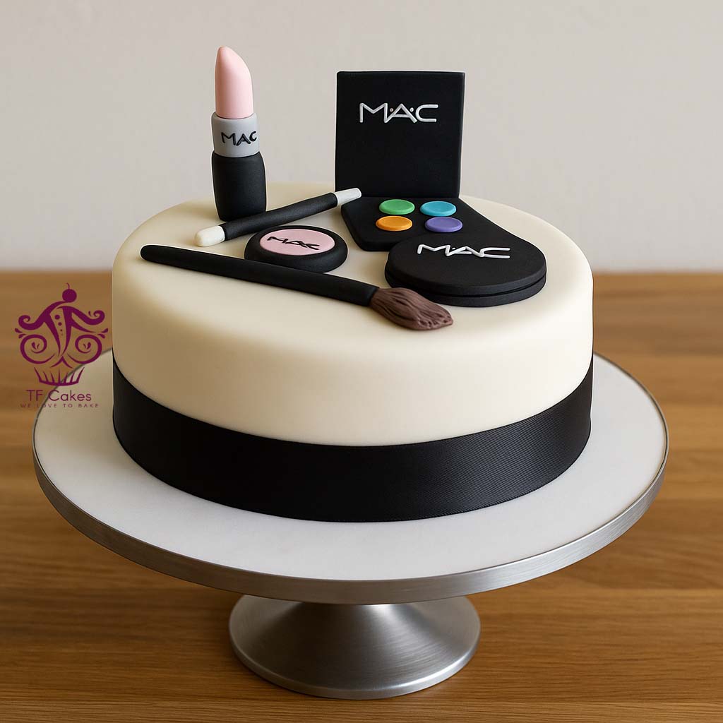 Classic MAC Cosmetics Cake in White & Black - TF Cakes Online Delivery Freshly baked handcrafted Classic MAC Cosmetics Cake in White & Black – Cake design by TF Cakes