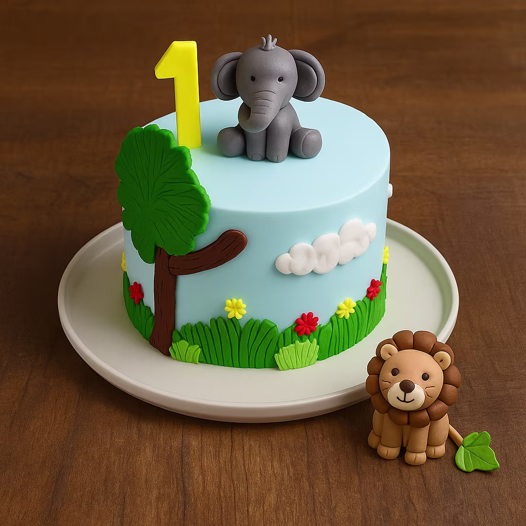 Animal Theme Round First Birthday Cake - TF Cakes Online Delivery Freshly baked handcrafted Animal Theme Round First Birthday Cake – Cake design by TF Cakes