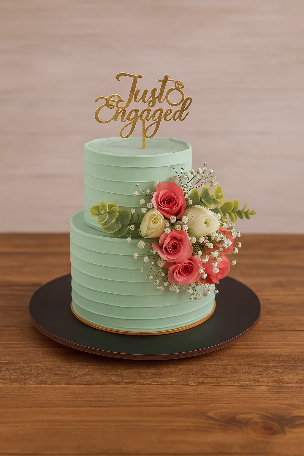 Just Engaged Mint Green Floral Cake - TF Cakes Online Delivery Freshly baked handcrafted Just Engaged Mint Green Floral Cake – Cake design by TF Cakes