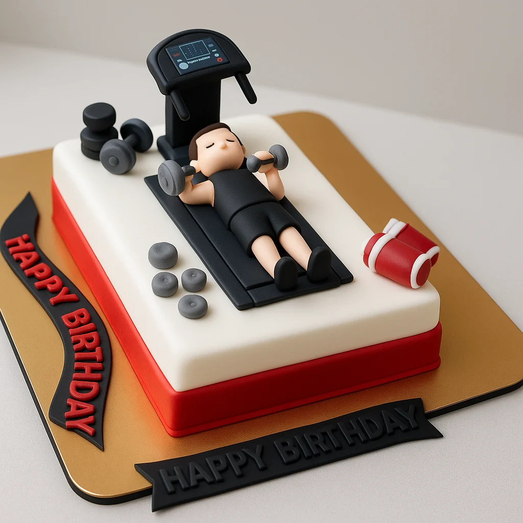 Freshly baked handcrafted Treadmill Fitness Cake – Cake design by TF Cakes