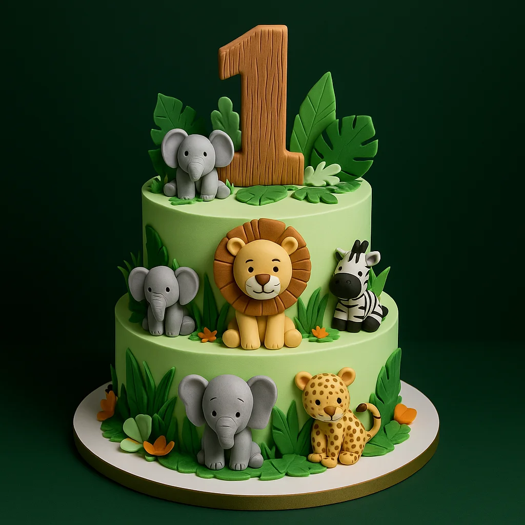 Two Tier Jungle First Birthday Cake - TF Cakes Online Delivery Freshly baked handcrafted Two Tier Jungle First Birthday Cake – Cake design by TF Cakes