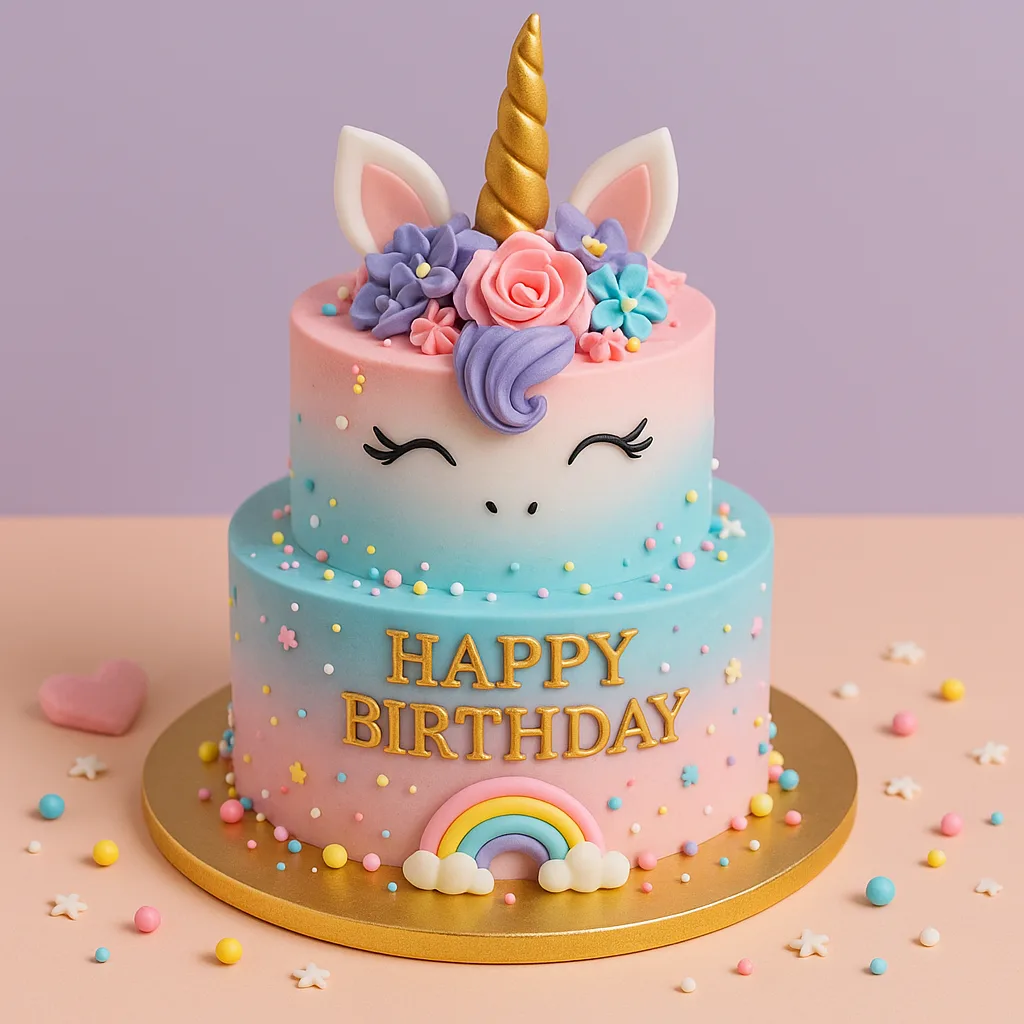 Two Tier Ombre Rainbow Unicorn Face Cake - Fresh Eggless Cake Delivery | TF Cakes (View 1)