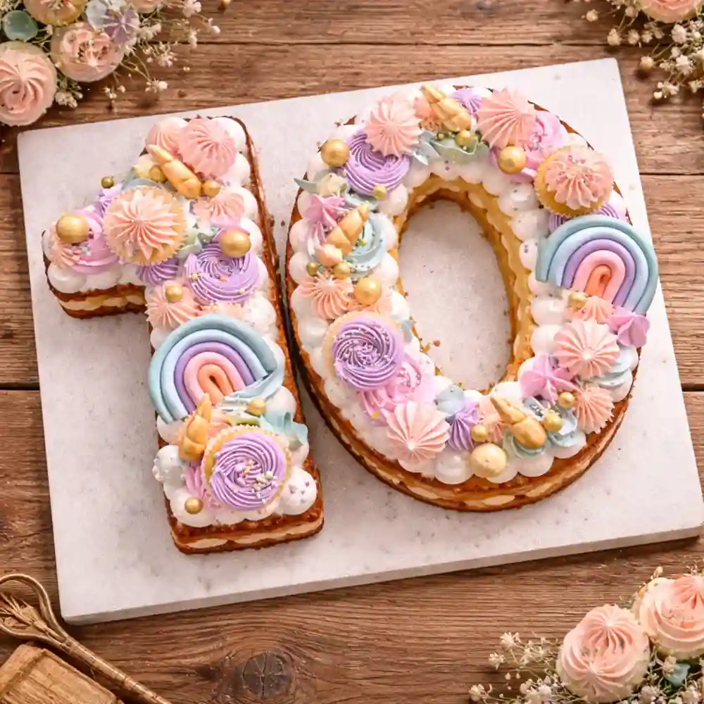 Unicorn Rainbow Number 10 Cake - TF Cakes Online Delivery Freshly baked handcrafted Unicorn Rainbow Number 10 Cake – Cake design by TF Cakes