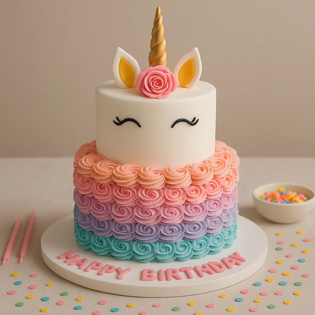 Unicorn Face with Blue Ombré Base 2 Tier - TF Cakes Online Delivery Freshly baked handcrafted Unicorn Face with Blue Ombré Base 2 Tier – Cake design by TF Cakes