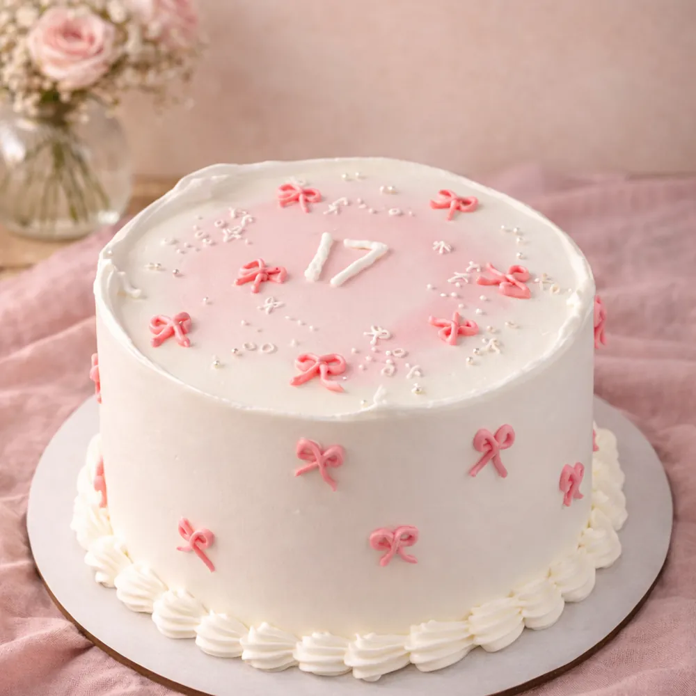 Freshly baked handcrafted Vintage Pink Bow Cake – Cake design by TF Cakes