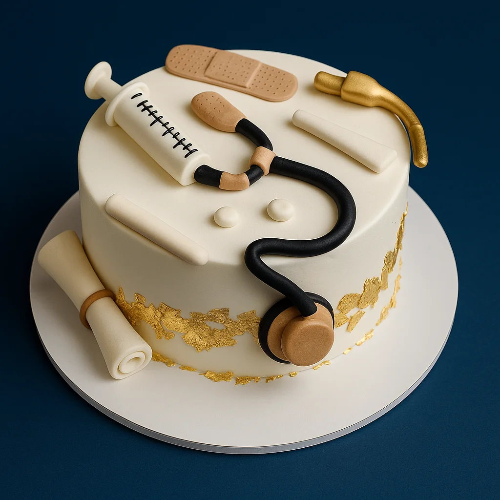 White & Gold Medical Tools Cake - TF Cakes Online Delivery Freshly baked handcrafted White & Gold Medical Tools Cake – Cake design by TF Cakes