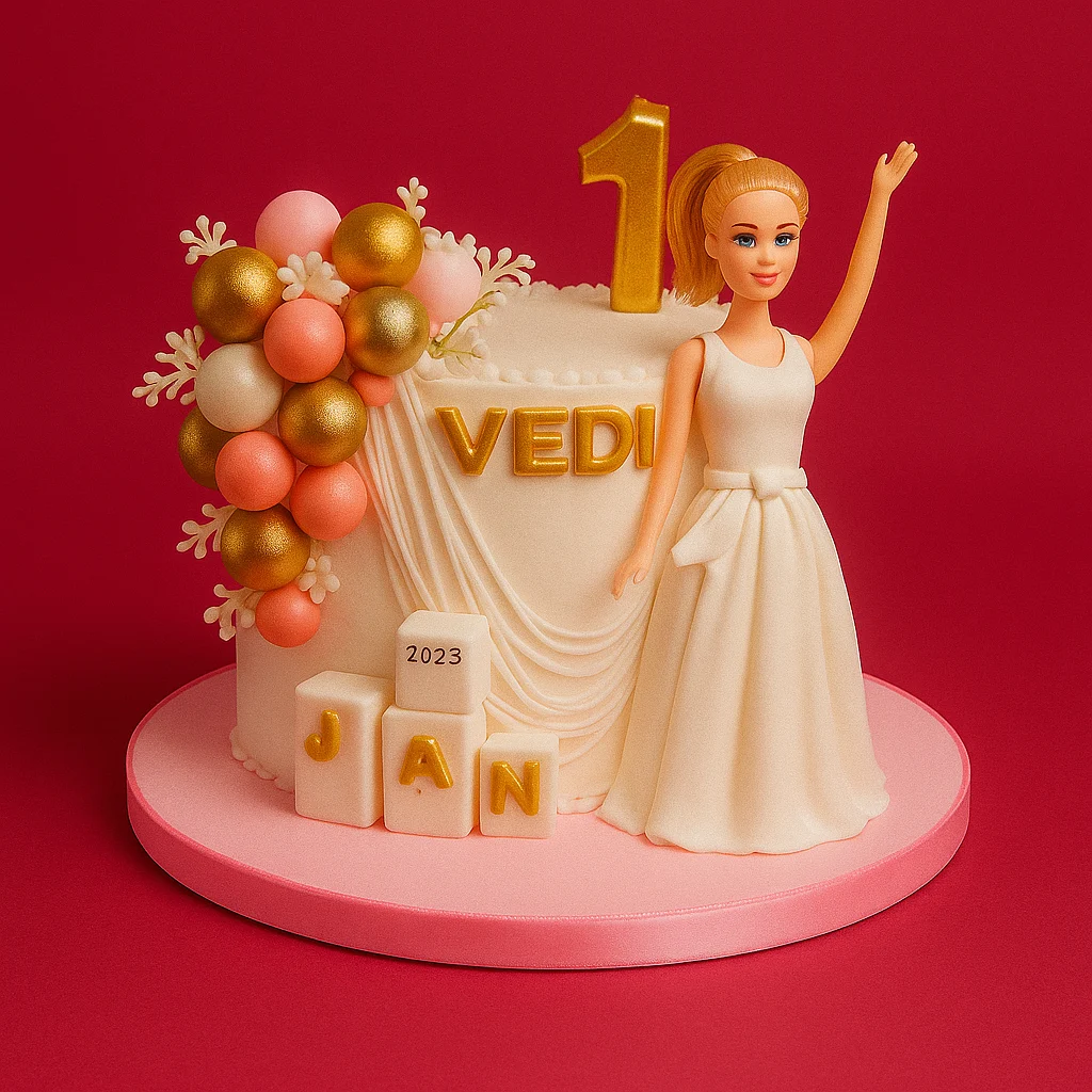 White Gown 1st Birthday Cake - TF Cakes Online Delivery Freshly baked handcrafted White Gown 1st Birthday Cake – Cake design by TF Cakes