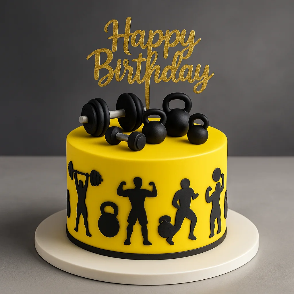 Freshly baked handcrafted Yellow Gym Silhouette Cake – Cake design by TF Cakes