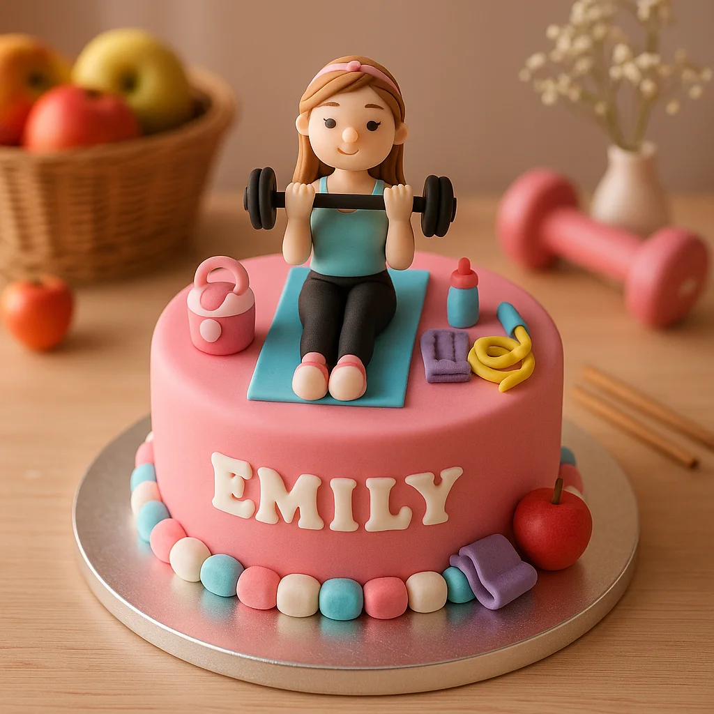 Freshly baked handcrafted Happy Birthday Emily Workout Cake – Cake design by TF Cakes