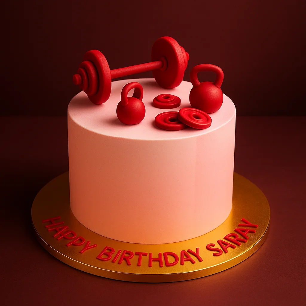 Freshly baked handcrafted Happy Birthday Saray Red Gym Cake – Cake design by TF Cakes