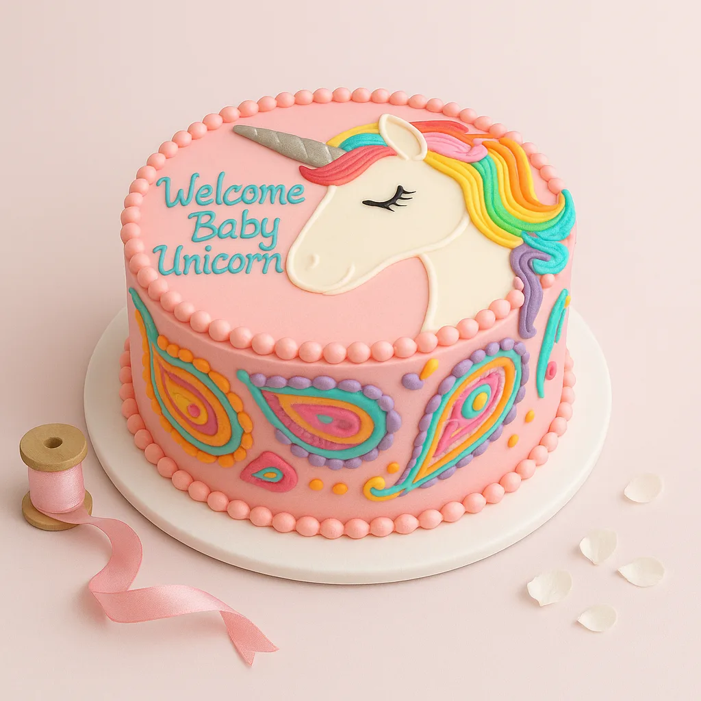 Welcome Baby Unicorn Paisley Cake - TF Cakes Online Delivery Freshly baked handcrafted Welcome Baby Unicorn Paisley Cake – Cake design by TF Cakes